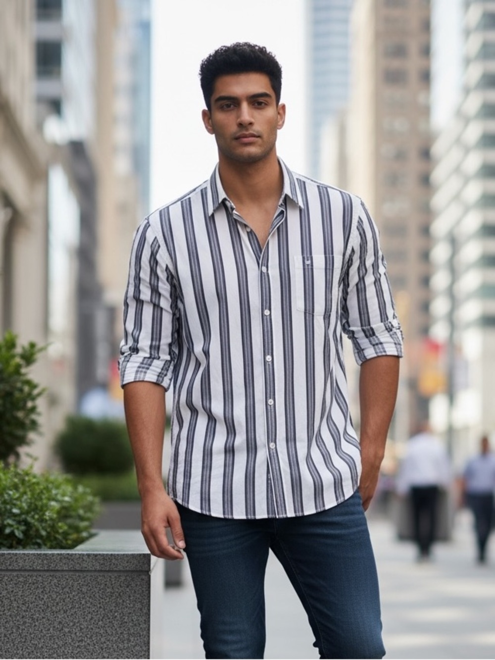 Men's Vintage Perry Ellis White & Grey Vertical Stripe Button-Down Shirt. XL